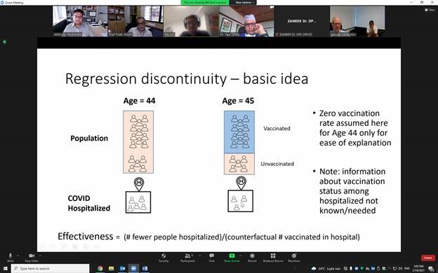 The research team discusses their research with doctors in India over Zoom.