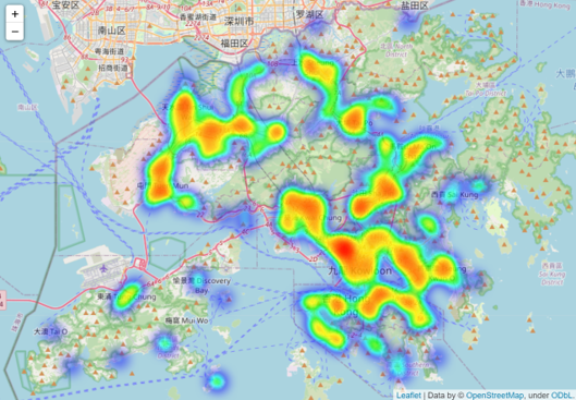 「疫地而處」程式附有實時熱力圖(Heat Map)，利用不同色溫標示個案大廈的分佈，深色(如紅色、橙色)代表個案大廈密度較高。