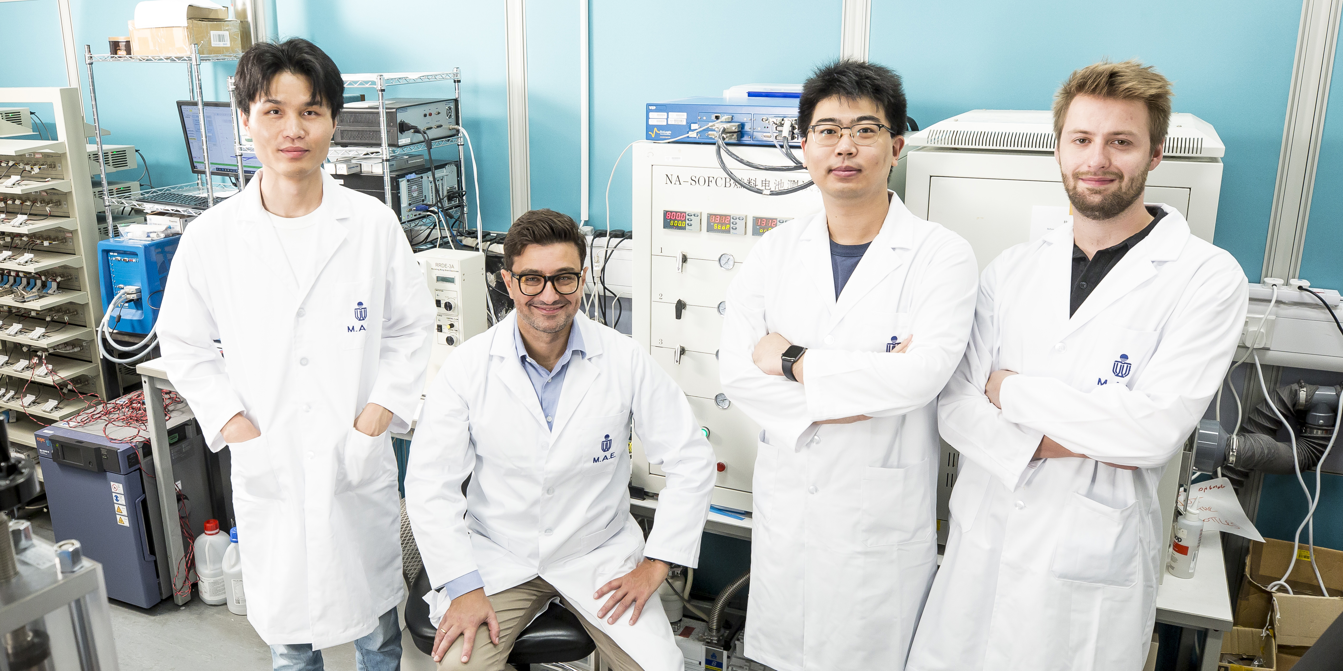 Prof. Francesco Ciucci (second left), postdoctoral fellow Dr. Song Yufei (first left), PhD students Wang Yuhao (second right) and Matthew James Robson (first right) and other team members have identified an exceptionally promising cathode material for protonic ceramic fuel cells, marking a major step toward the commercialization of this renewable energy technology.