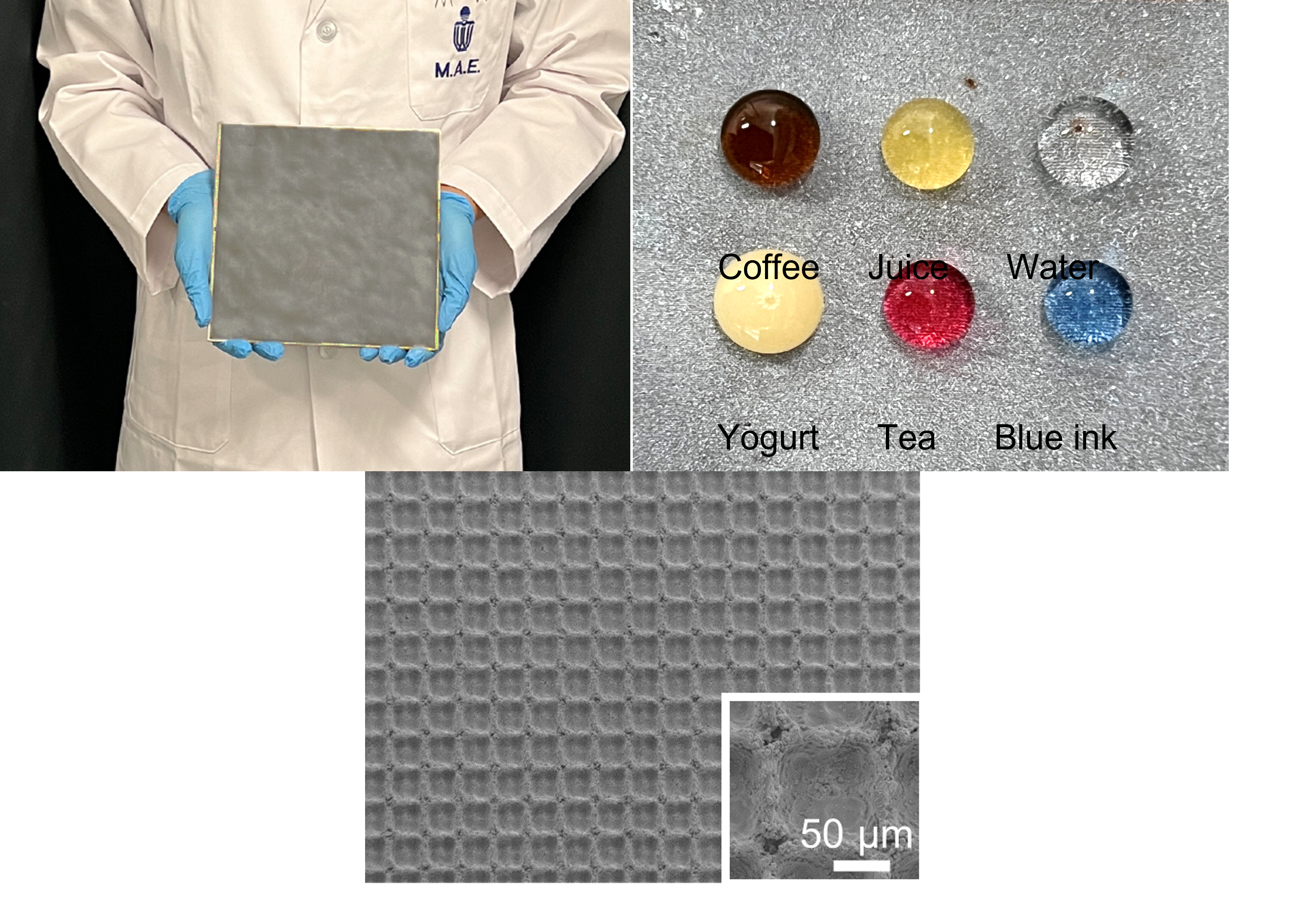 The upper-row images of project 4 demonstrate the superhydrophobic nature of the new material, where different liquid droplets stay unattached to.  The microscopic picture in the lower row shows the unique features of that material.