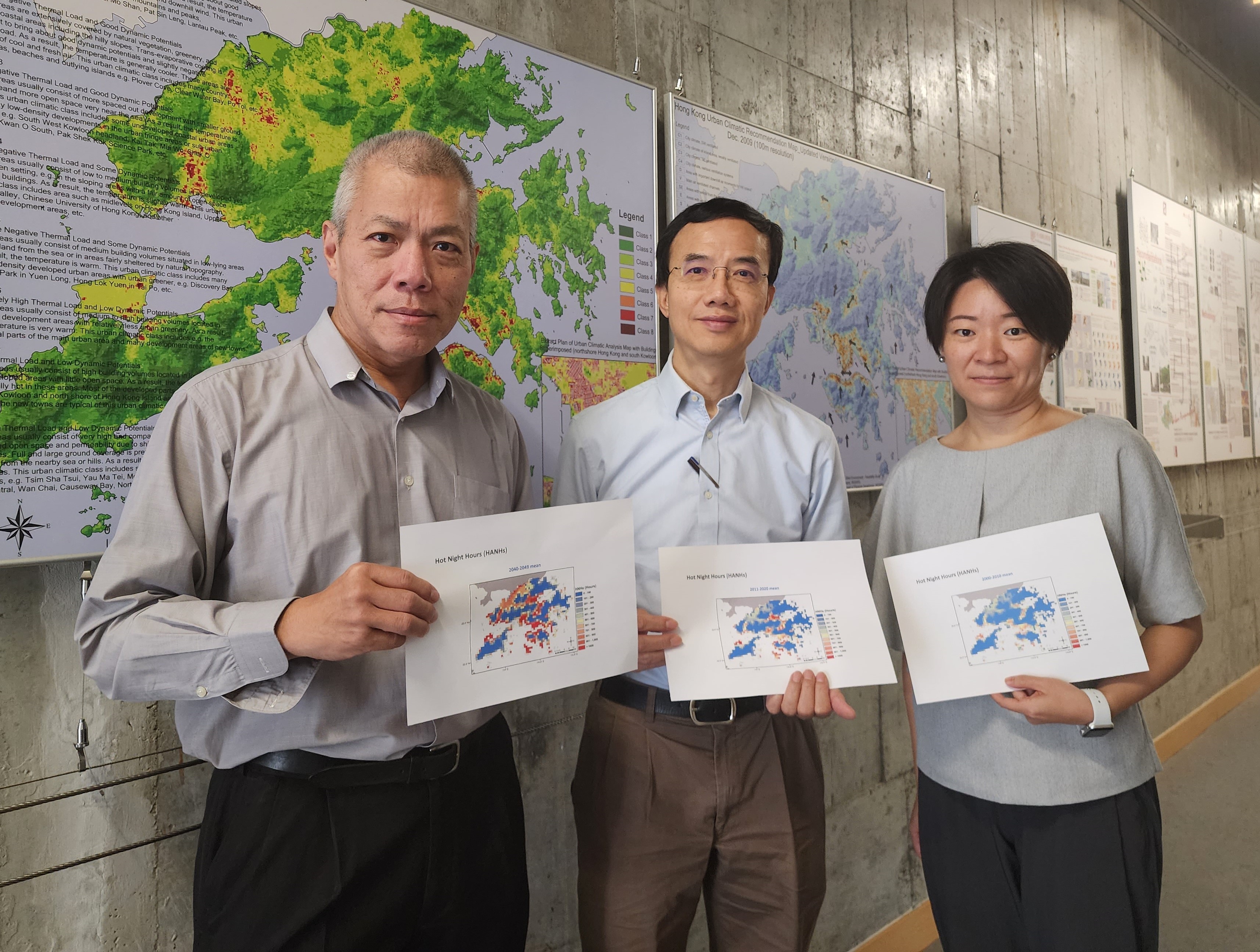 Research team: Prof. Jimmy FUNG Chi-Hung, Chair Prof. in the Department of Mathematics and the Division of Environment and Sustainability at HKUST (middle); Prof. Edward NG Yan-Yung, the project leader from School of Architecture at CUHK (left); and Dr. REN Chao, Assoc. Prof. in the Faculty of Architecture at HKU (right).