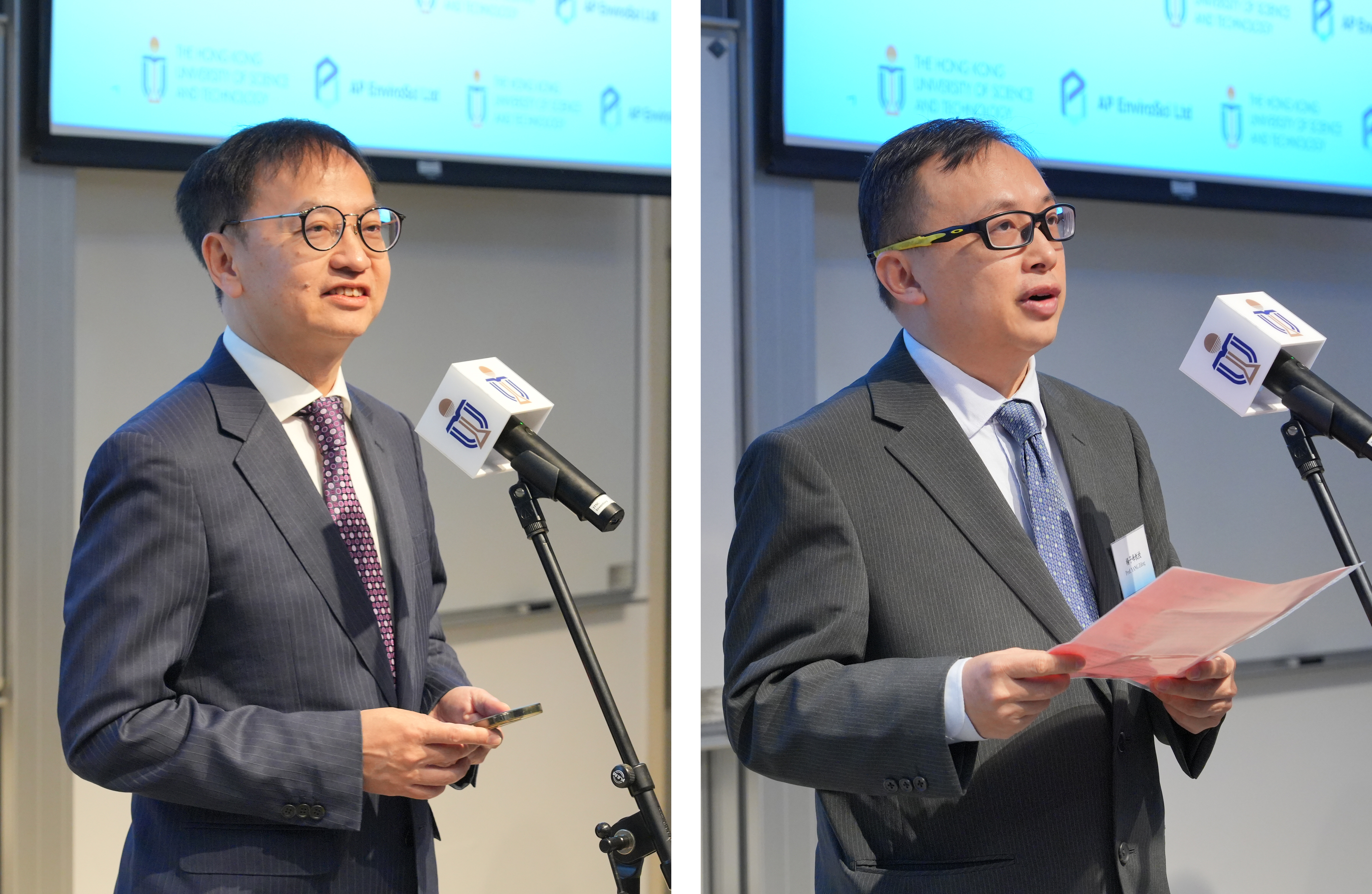 Dr. David CHUNG Wai-Keung, Chairman of Absolute Pure EnviroSci Limited (Left) and Prof. YANG Zifeng, Associate Dean of the Guangzhou Institute of Respiratory Health at The First Affiliated Hospital of Guangzhou Medical University (Right) speak in the ceremony. 