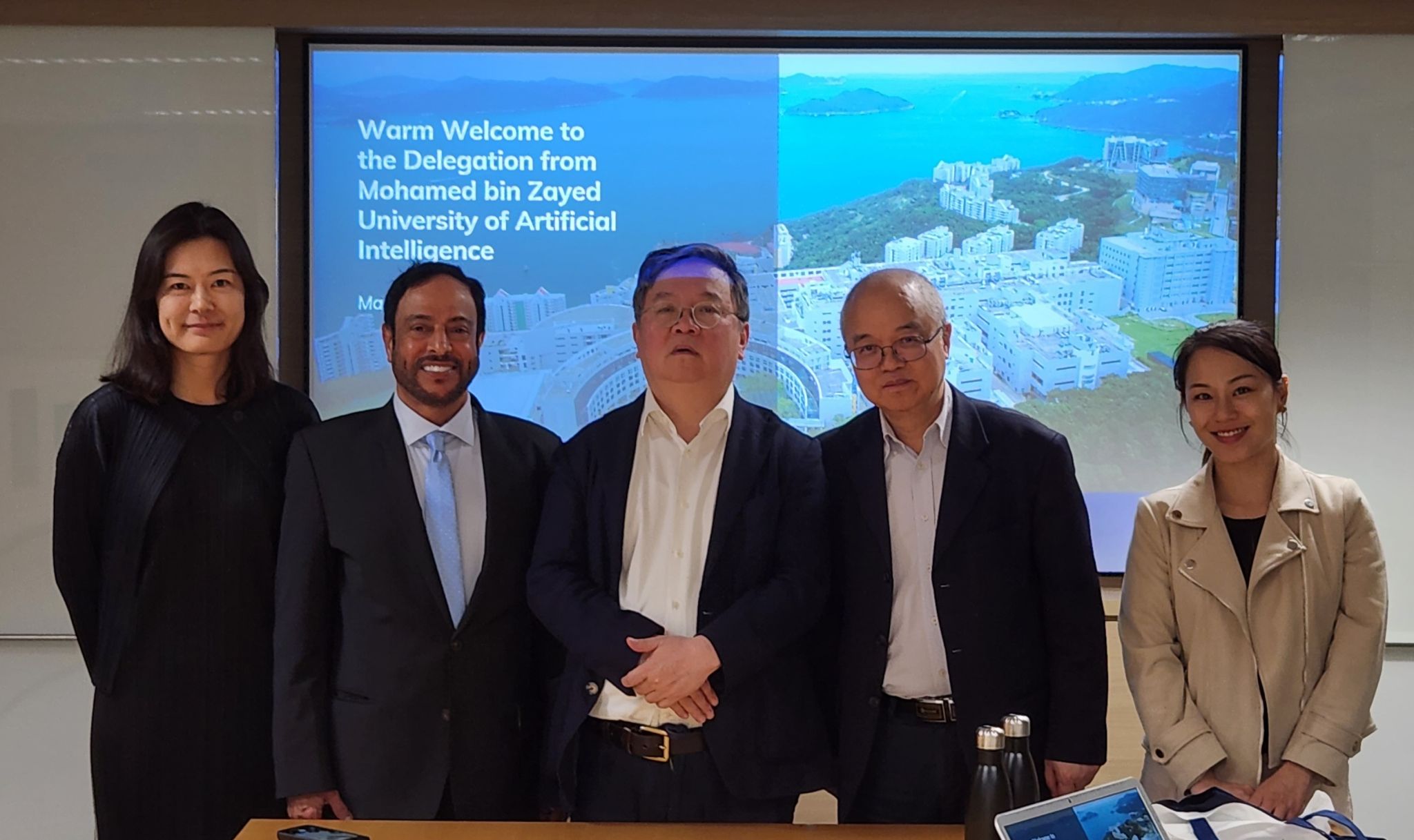 The Mohamed bin Zayed University of Artificial Intelligence Vice President of Public Affairs and Alumni Relations Prof. Sultan Al HAJJI (second left) and Head of Global Partnerships and Business Excellence Ms. Shimer DIAO (first left) had a productive meeting with HKUST Provost Prof. GUO Yike (center) and Vice President for Institutional Advancement Prof. WANG Yang (second right). 