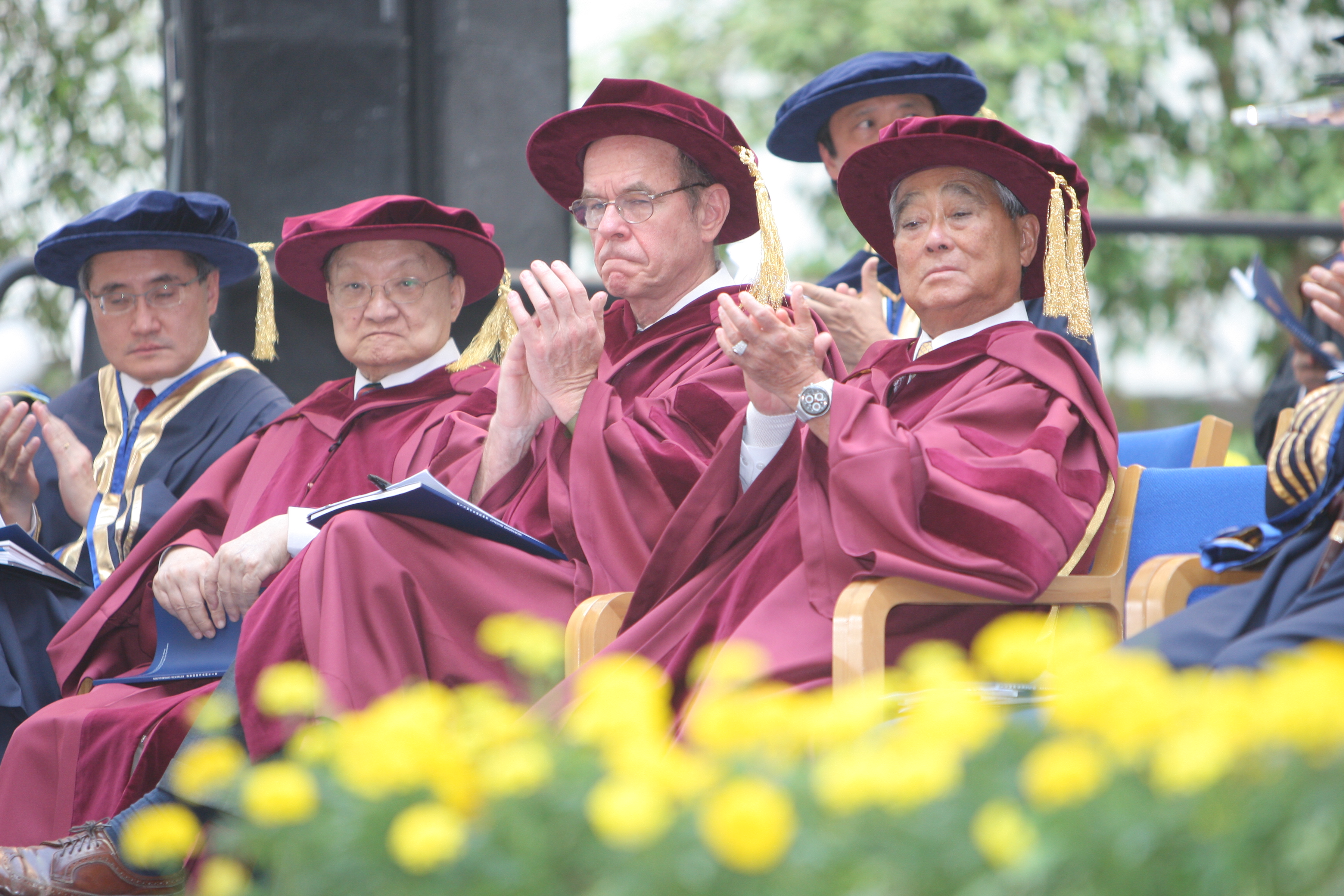Recipients of honorary Doctorates: (from left) Prof the Hon Louis Cha, GBM, Prof K Barry Sharpless and Dr William M W Mong, GBS.	