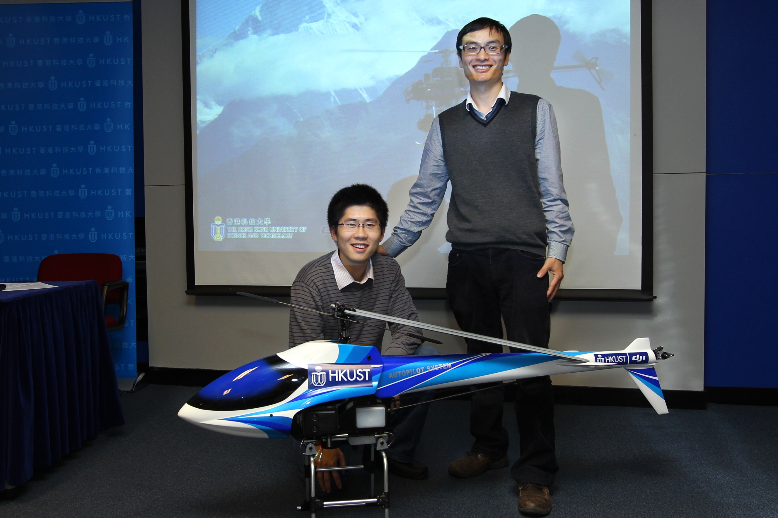 Frank Wang (right) and Jianyu Song with their helicopter