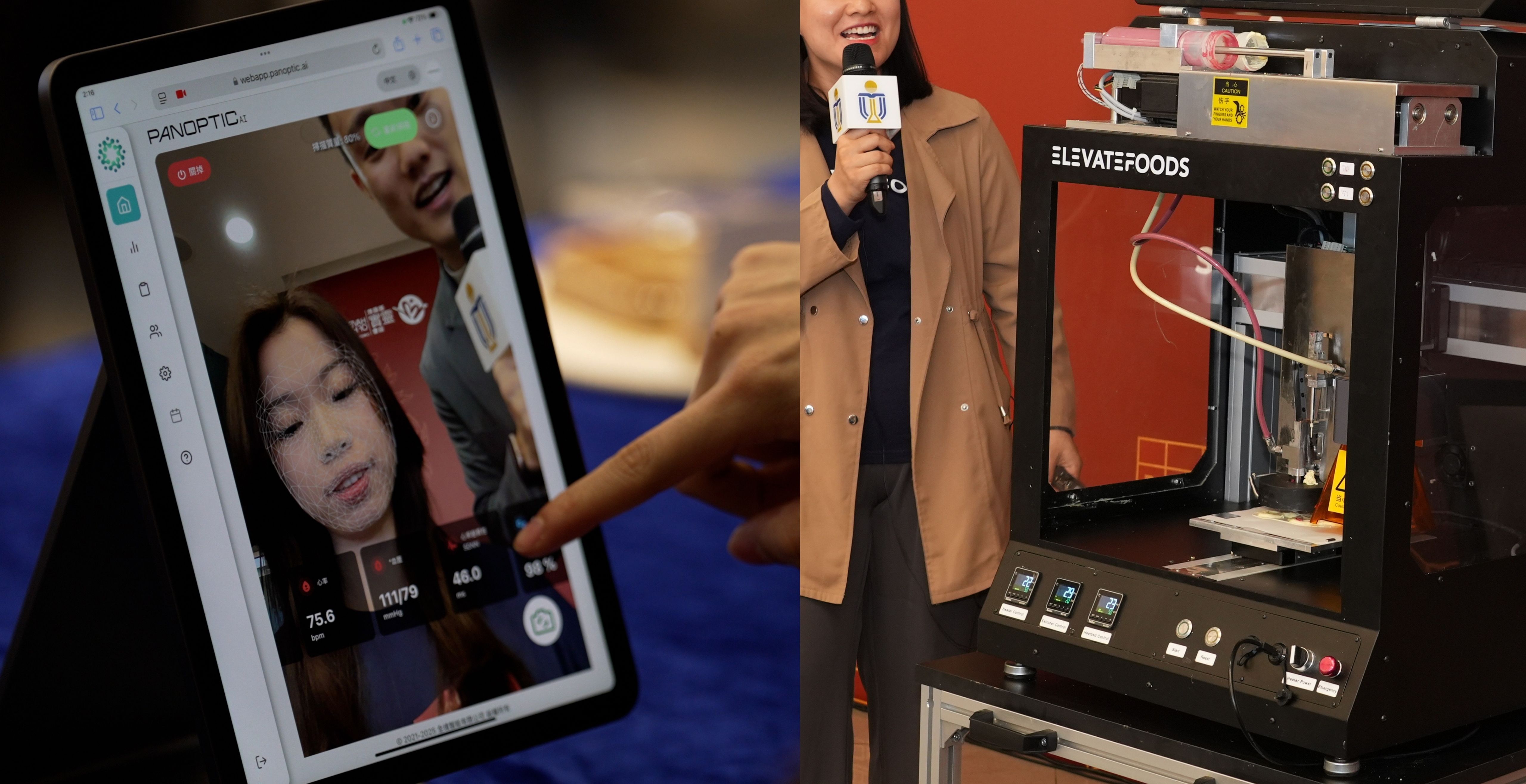 PanopticAI’s FDA-cleared, contactless health monitoring technology, can measure vital signs such as heart rate, breathing rate, stress level and blood pressure (left) through a 30-second facial scan using a smartphone or tablet; while Elevatefoods Technology’ 3D printer can produce soft foods like chicken legs and broccoli in under 3 minutes – three times faster than traditional handcrafting methods. 