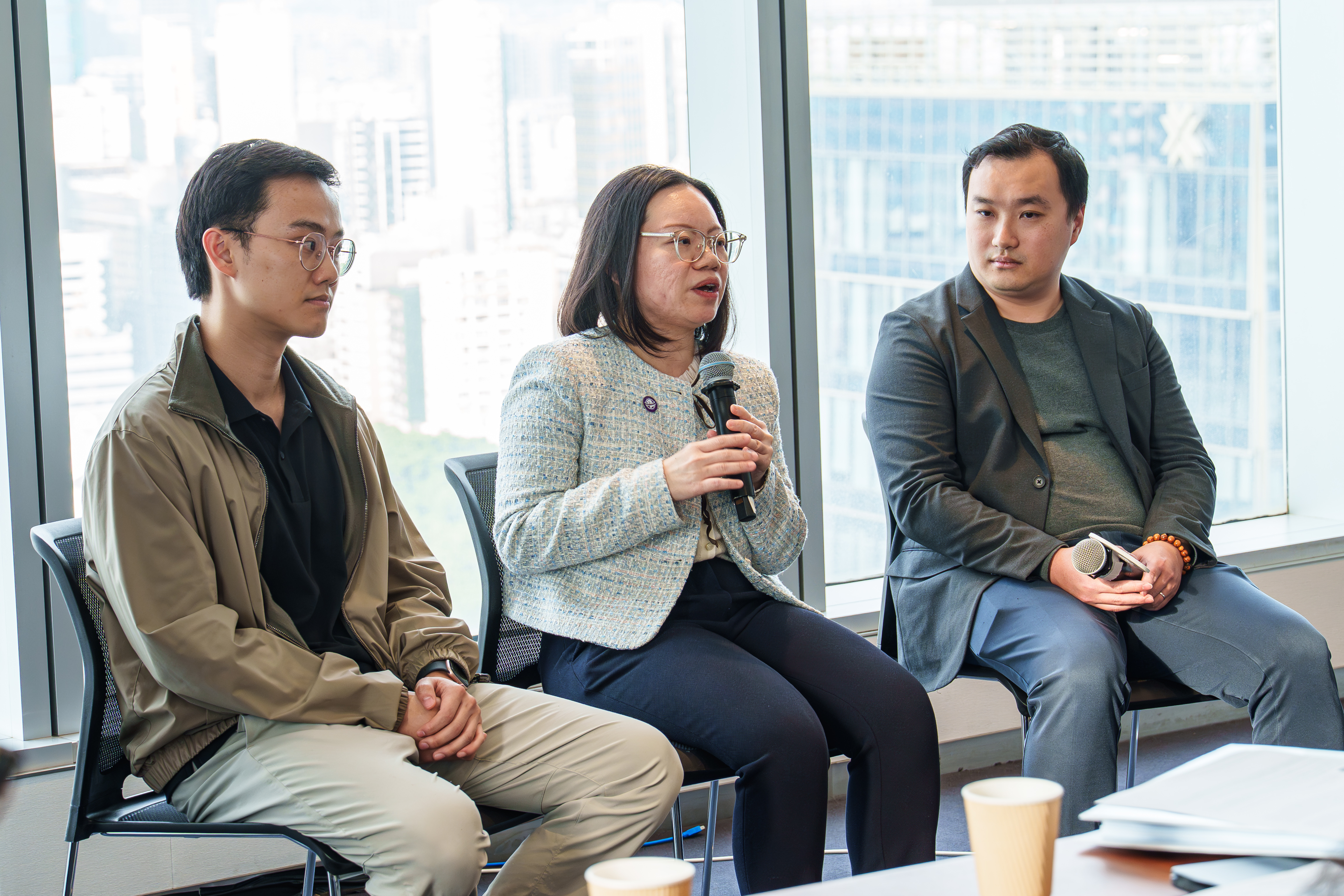 HKUST alumni founders shared their journeys and insights on building AI-driven businesses. (From left: Kyle WONG, Co-founder, PanopticAI; Agnes WUN, CEO, Neufast; Cheney CHENG, Co-founder and Group CEO, Apoidea)
