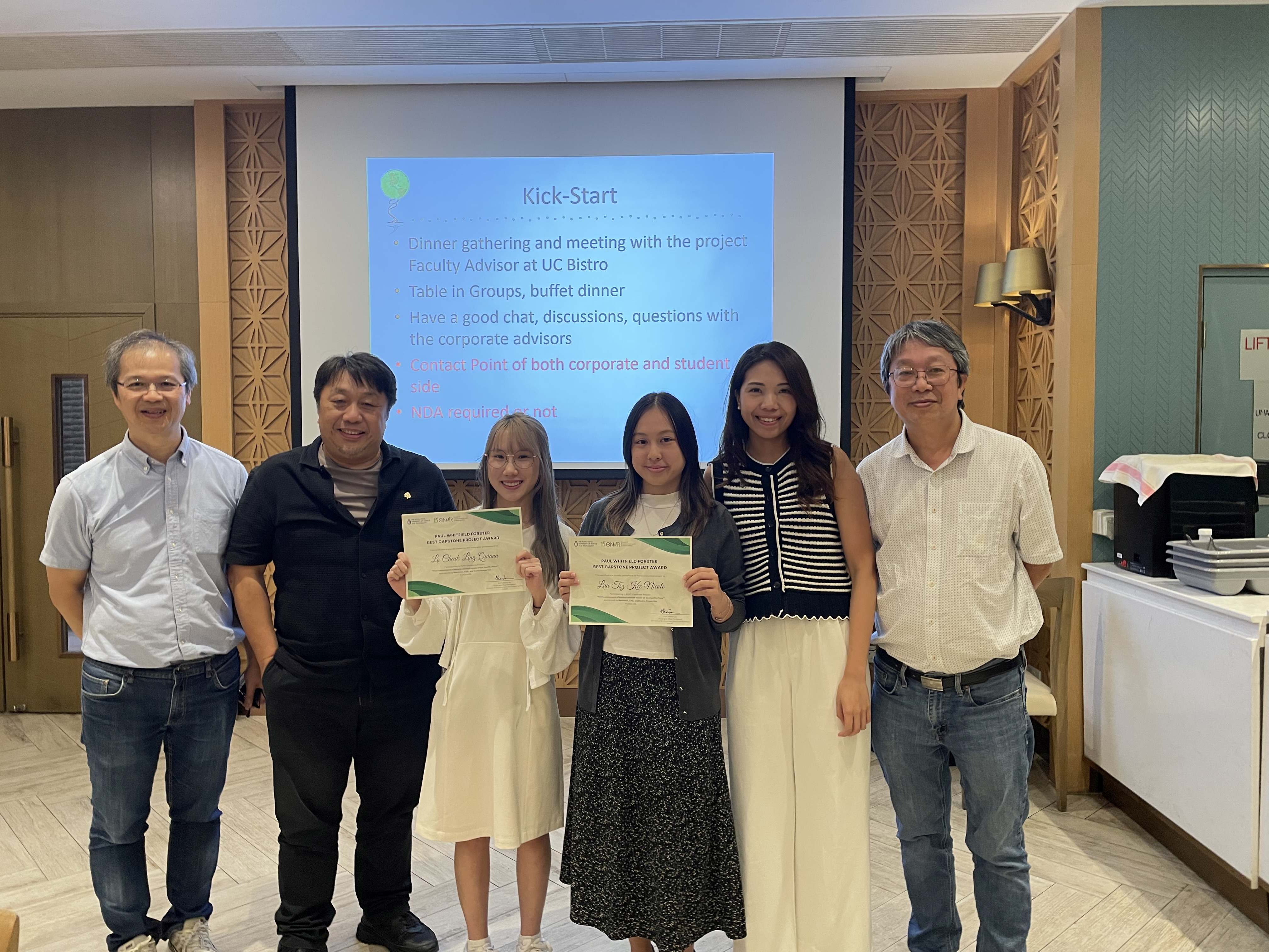 HKUST EVMT students received the Paul Whitfield Forster Best Capstone Project Award 2024-25, in recognition of their exceptional quality of work, team collaboration, and professional delivery throughout the project cycle. (From left to right) Prof. Arthur Lau, Mr. Eddie Tse, Ms. Quiana Lo, Ms. Nicole Lau, Ms. Yiki Cheng, Prof. Alexis LAU, Head and Chair Professor of ENVR and Tang Junyuan Professor of Environmental Science at HKUST.