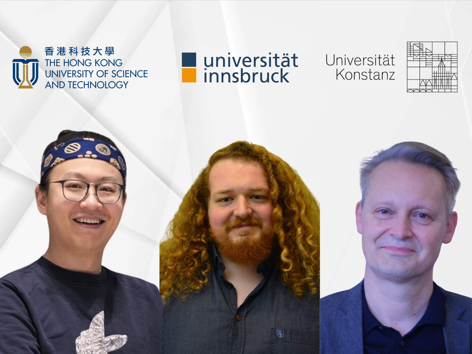 （左起）科大綜合系統與設計學部助理教授顧紅曰教授、因斯布魯克大學物理學系Anton LÜDERS博士，以及康斯坦茨大學物理學系Clemens BECHINGER教授為是次研究共同通訊作者。 