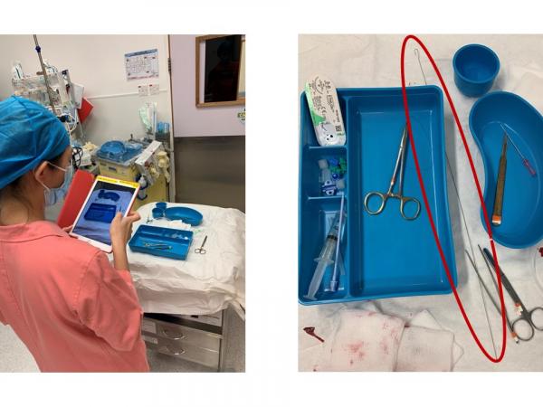(Left) The new technology helps the medical staff identify the guidewires by simply taking a photo of all the medical instruments with a smart phone or tablet.  (Right) The AI image-based system then could accurately detect guidewires (as indicated by the circle) from other medical instruments using object recognition and data augmentation techniques.