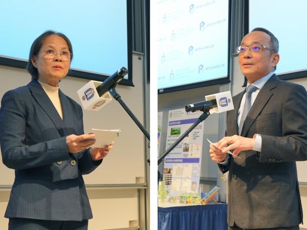 Miss Diane WONG Shuk-Han, Under Secretary for Environment and Ecology of the HKSAR (Left) and Prof. Tim CHENG, HKUST Vice-President for Research and Development (Right) speak in the ceremony. 
